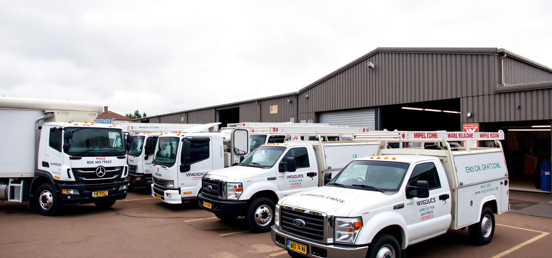Fleet of commercial trucks parked outside industrial facility