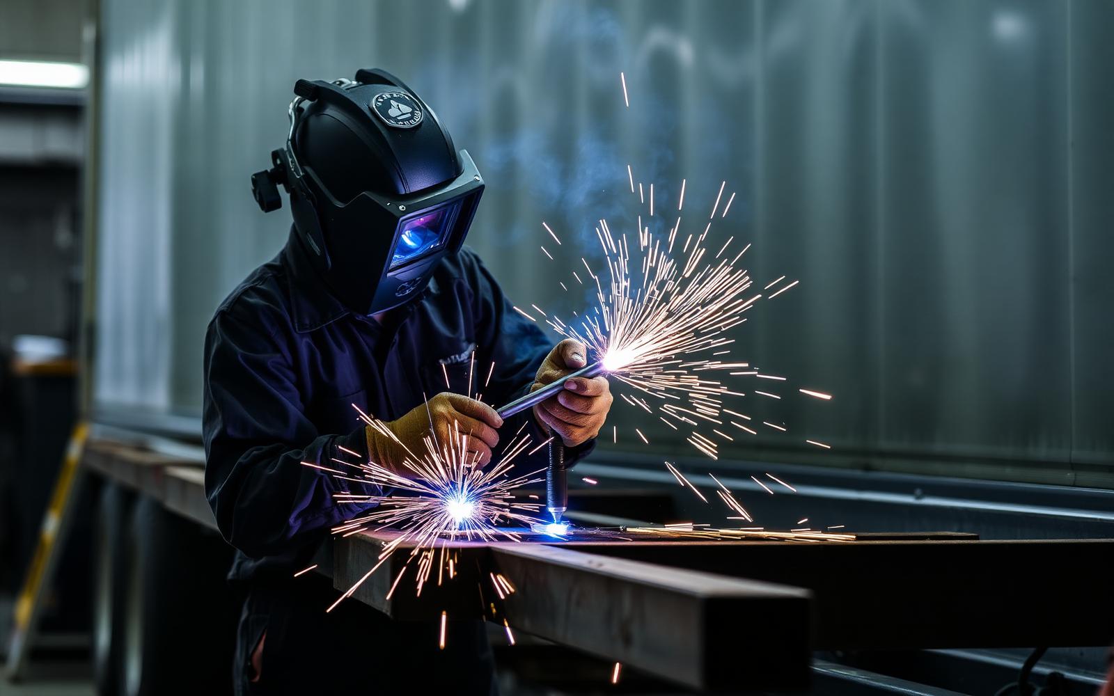 Technician welding on a commercial trailer frame
